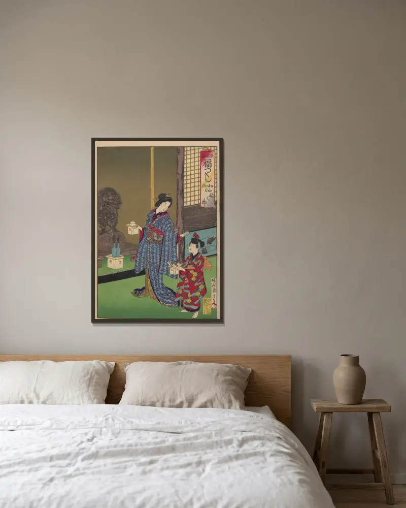 Album med nishiki-e, plansch 5 av Toyohara Chikanobu inramad på en vägg