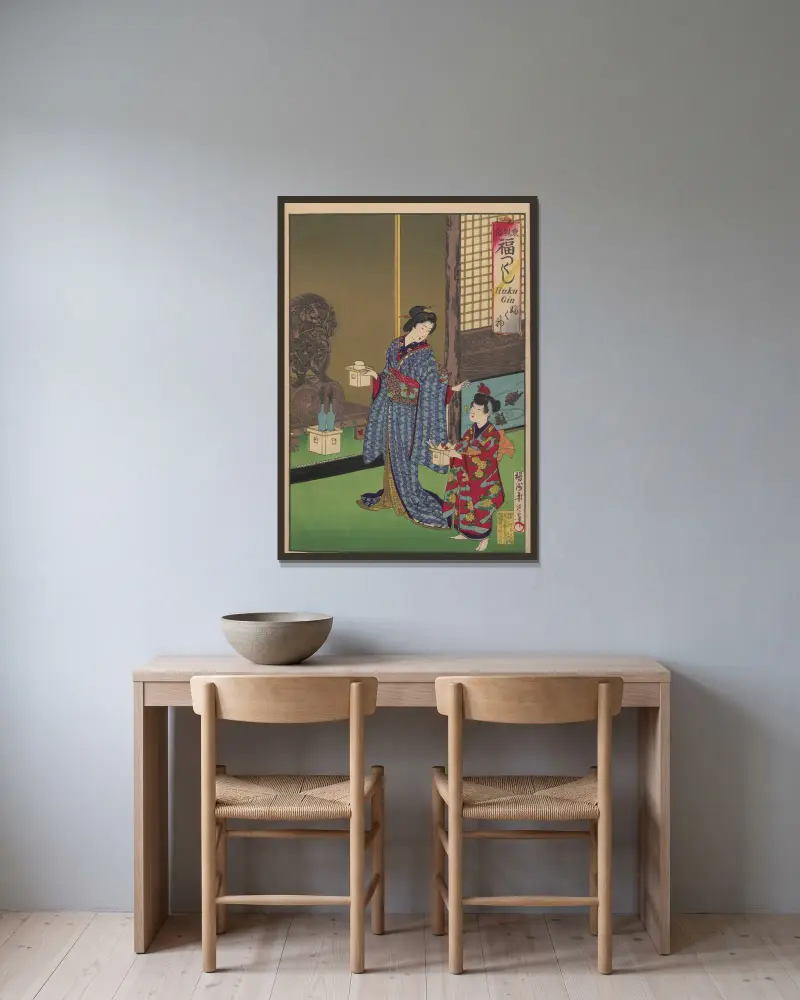 Album med nishiki-e, plansch 5 av Toyohara Chikanobu inramad på en vägg
