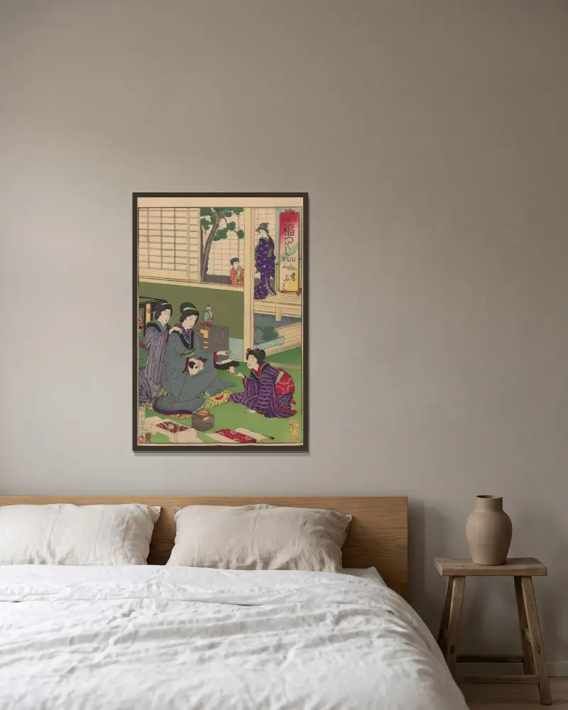 Album med nishiki-e, plansch 6 av Toyohara Chikanobu inramad på en vägg