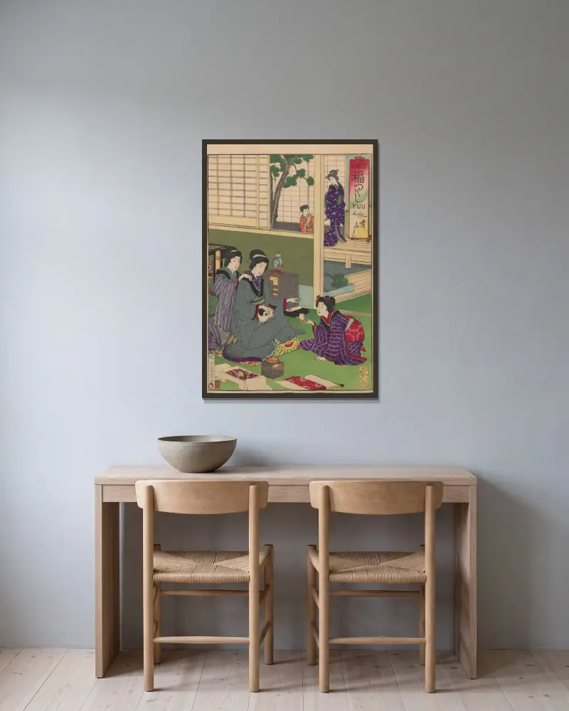 Album med nishiki-e, plansch 6 av Toyohara Chikanobu inramad på en vägg