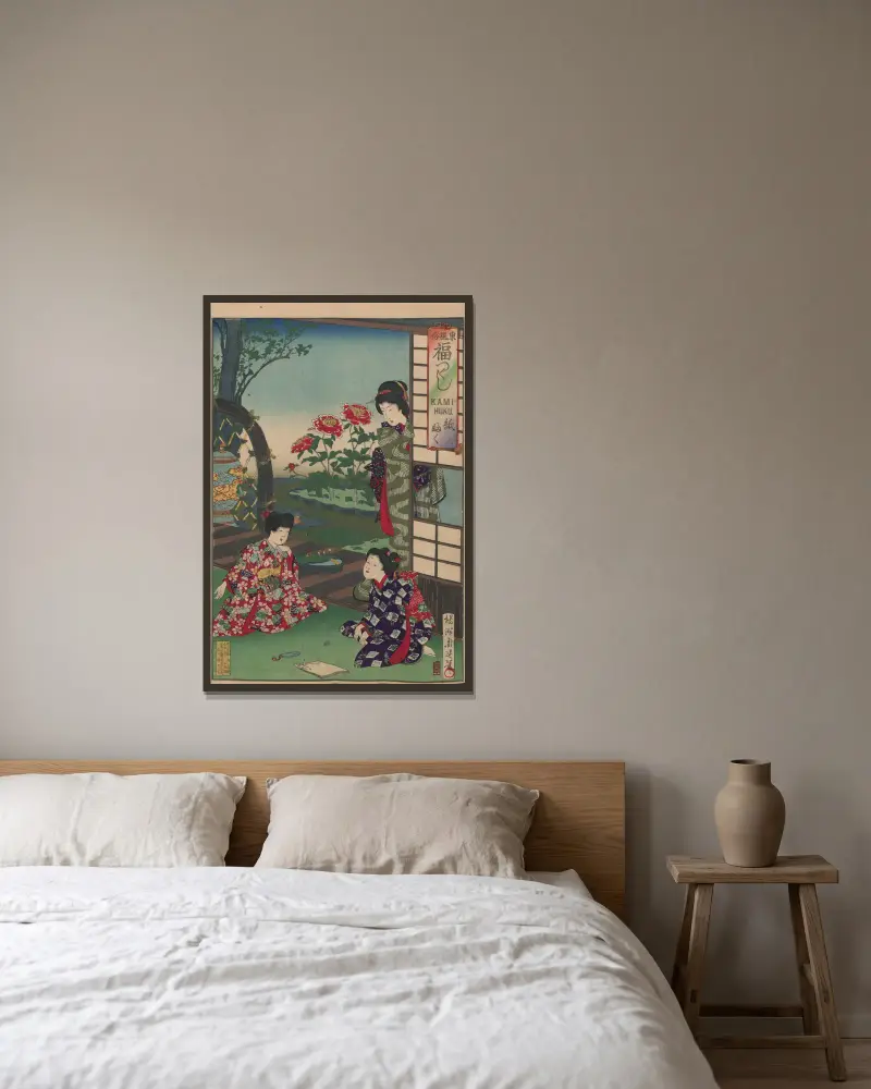 Album med nishiki-e, plansch 8 av Toyohara Chikanobu inramad på en vägg
