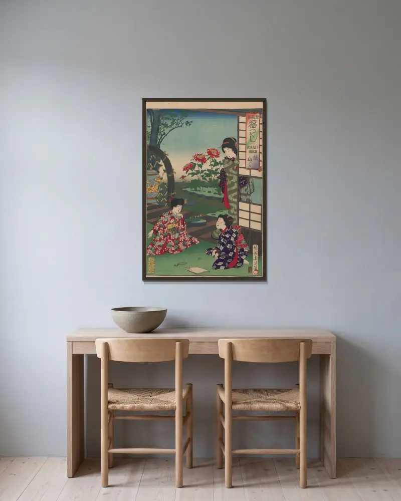 Album med nishiki-e, plansch 8 av Toyohara Chikanobu inramad på en vägg