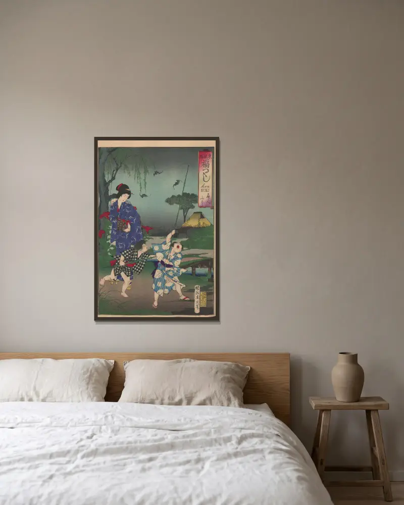 Album med nishiki-e, plansch 10 av Toyohara Chikanobu inramad på en vägg