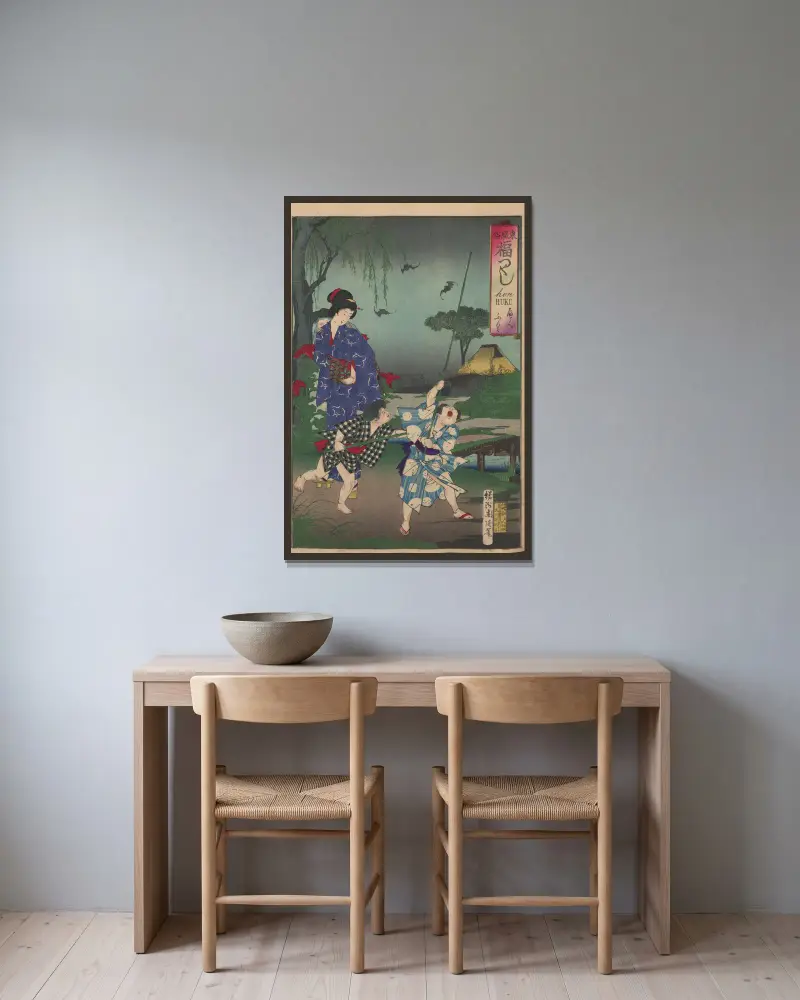 Album med nishiki-e, plansch 10 av Toyohara Chikanobu inramad på en vägg