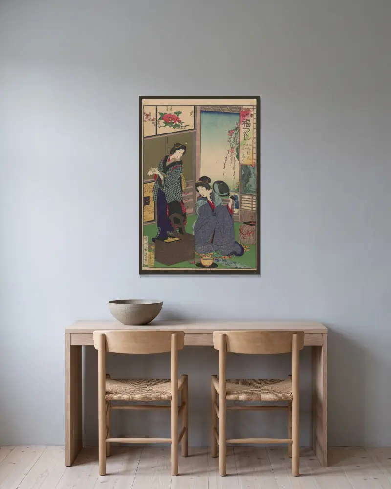 Album med nishiki-e, plansch 13 av Toyohara Chikanobu inramad på en vägg