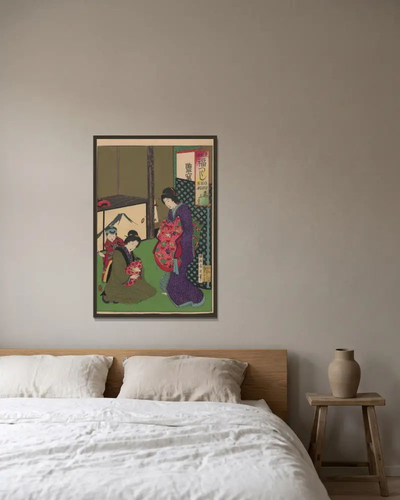 Album med nishiki-e, plansch 14 av Toyohara Chikanobu inramad på en vägg