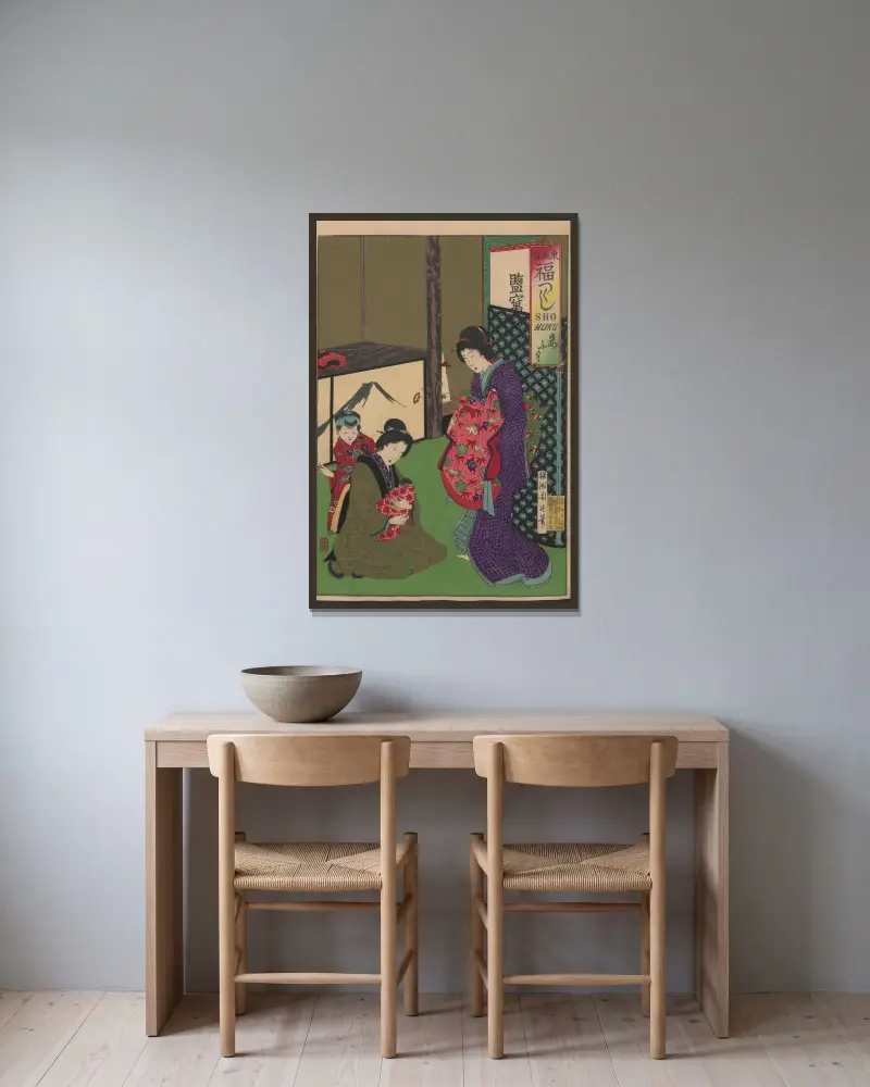 Album med nishiki-e, plansch 14 av Toyohara Chikanobu inramad på en vägg