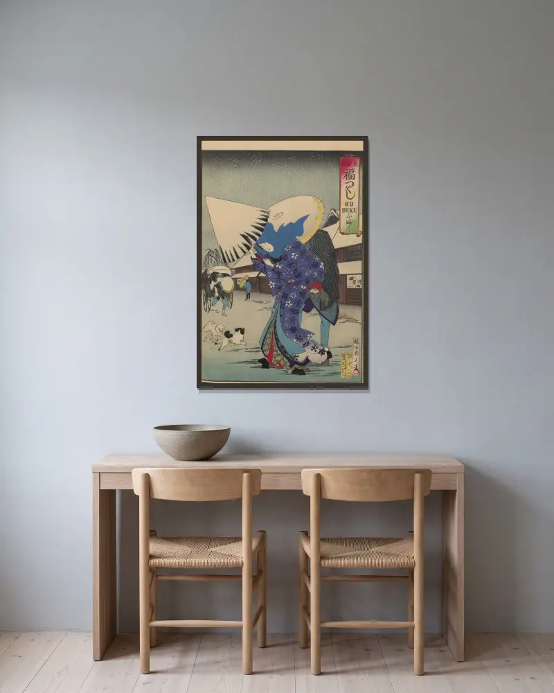 Album med nishiki-e, plansch 15 av Toyohara Chikanobu inramad på en vägg