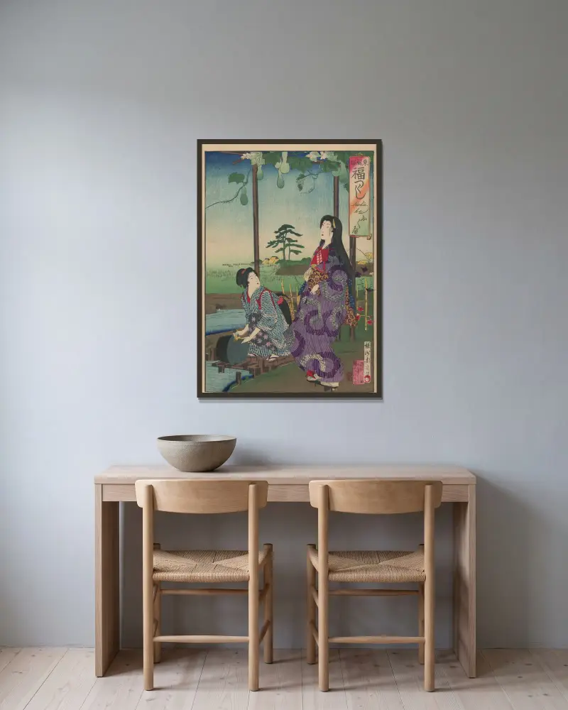 Album med nishiki-e, plansch 19 av Toyohara Chikanobu inramad på en vägg