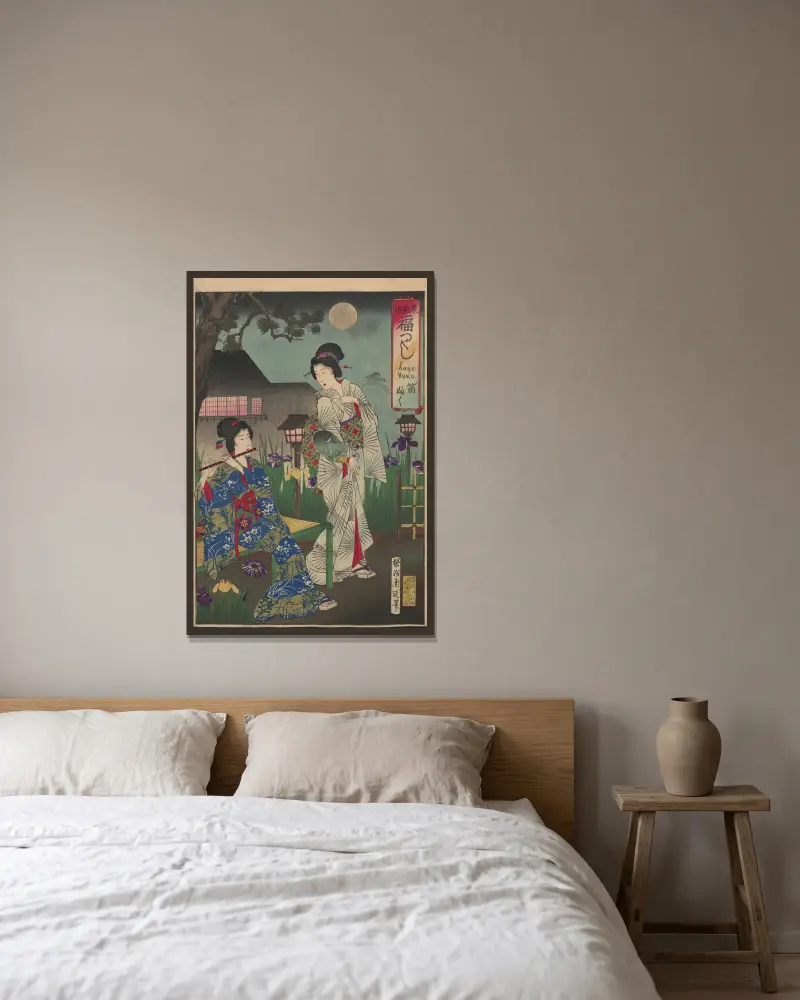 Album med nishiki-e, plansch 20 av Toyohara Chikanobu inramad på en vägg