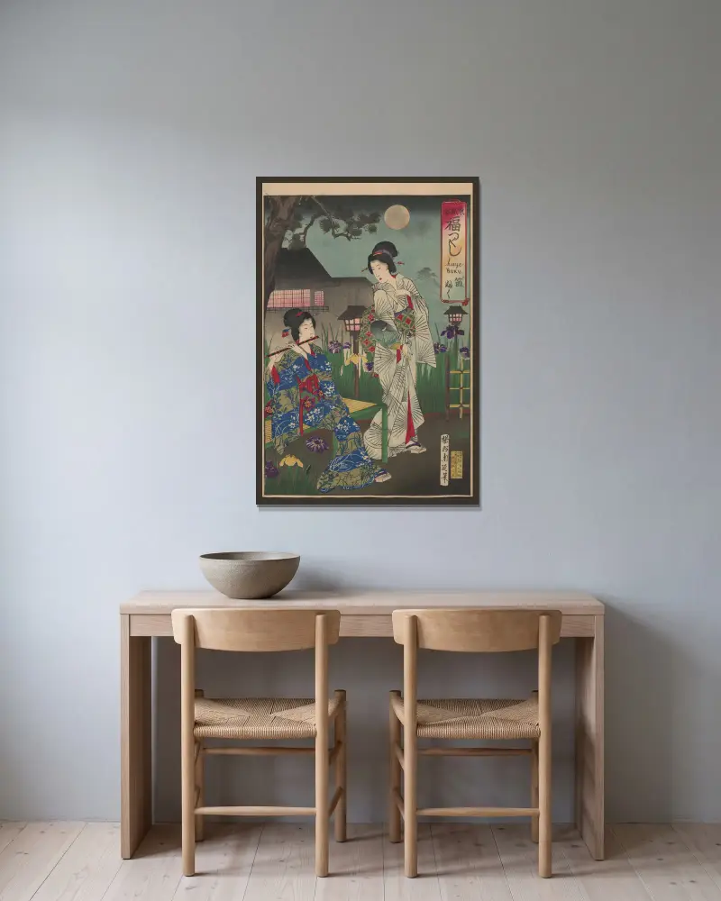 Album med nishiki-e, plansch 20 av Toyohara Chikanobu inramad på en vägg