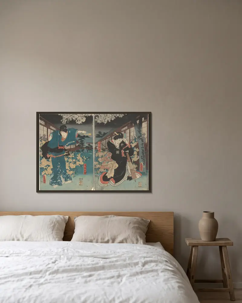 Schauspieler in den Rollen von Ohatsu und Iwafuji von Utagawa Kunisada (Toyokuni III) gerahmt an einer Wand