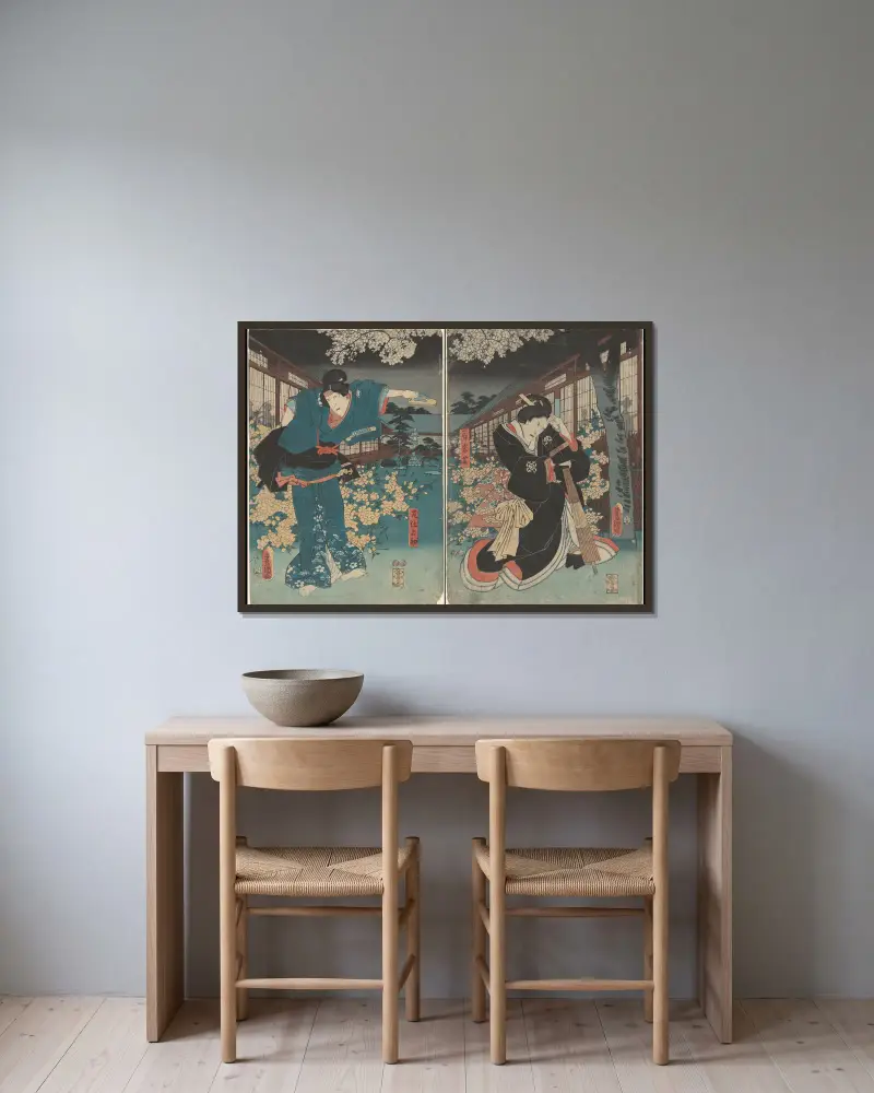 Schauspieler in den Rollen von Ohatsu und Iwafuji von Utagawa Kunisada (Toyokuni III) gerahmt an einer Wand