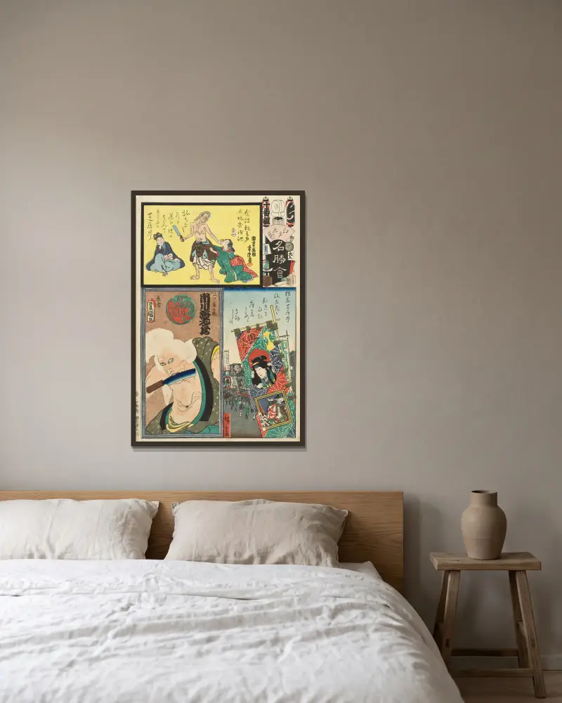 Chi-brigaden, tionde gruppen, teaterdistriktet i Saruwaka; skådespelaren Ichikawa Ebizô V som den gamla kvinnan i det ensamma huset av Utagawa Kunisada (Toyokuni III) inramad på en vägg
