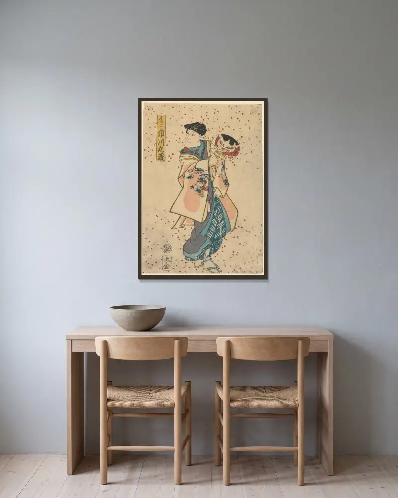 Ichikawa Kyuzo i rollen som Shodayu av Utagawa Kunisada (Toyokuni III) inramad på en vägg