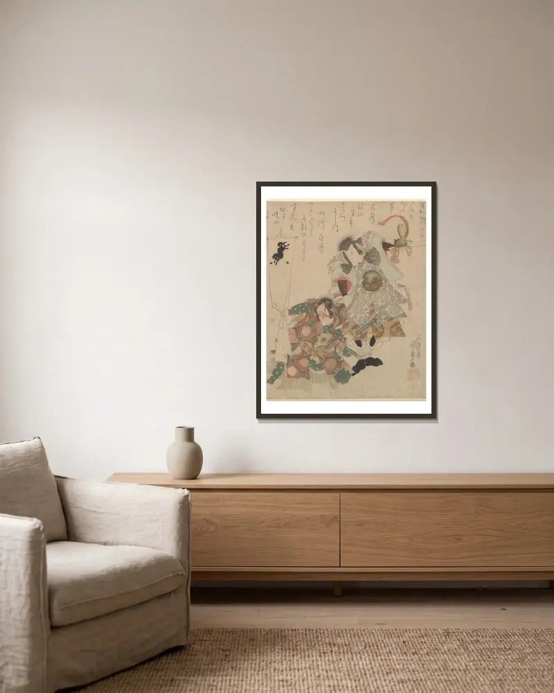 Två män, en med svart hästbaner av Utagawa Kunisada (Toyokuni III) inramad på en vägg