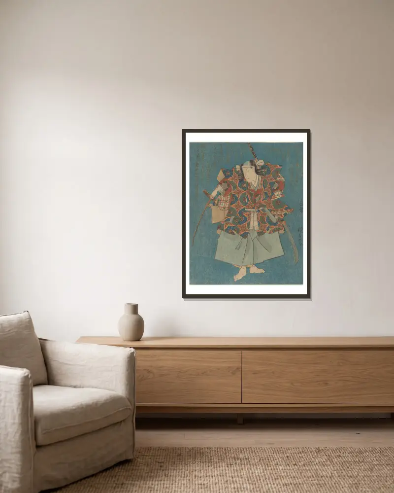Krieger in feinem Grün, Blau, Rot, Gelb und Silber von Utagawa Kunisada (Toyokuni III) gerahmt an einer Wand