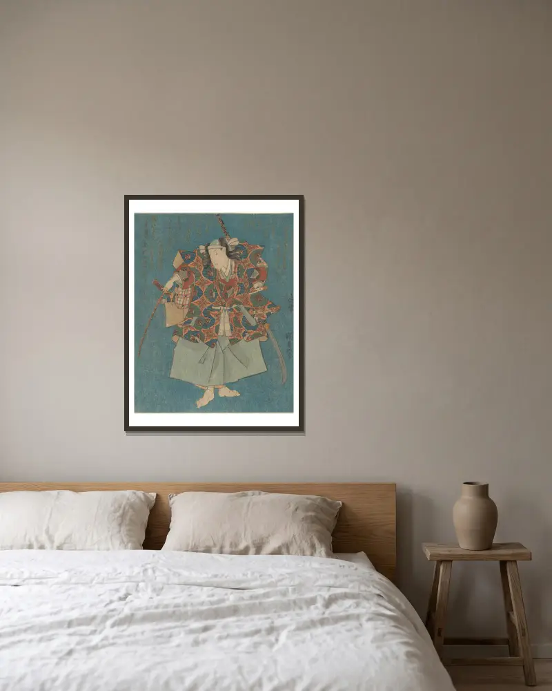 Krieger in feinem Grün, Blau, Rot, Gelb und Silber von Utagawa Kunisada (Toyokuni III) gerahmt an einer Wand
