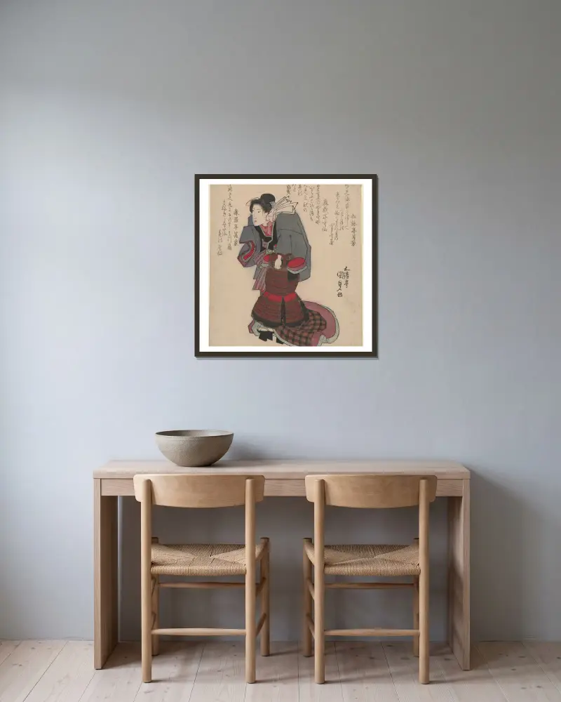 Frau trägt Samurai-Rüstung (Surimono) von Utagawa Kunisada (Toyokuni III) gerahmt an einer Wand