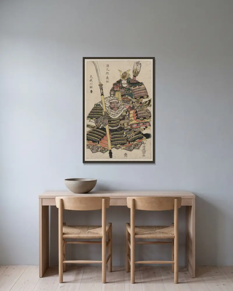 Genkurō Yoshitsune och Musashibō Benkei av Toyokuni Utagawa inramad på en vägg