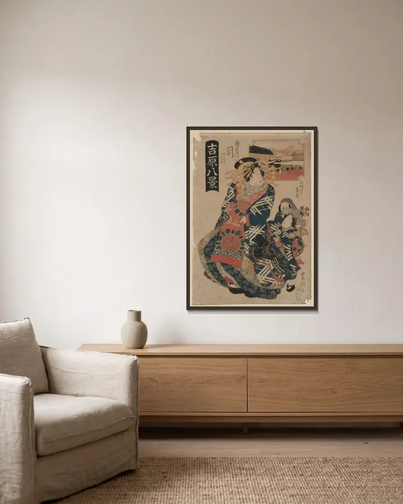 Ōmonguchi no rakugan, ōgiya uchi tsukasa av Toyokuni Utagawa inramad på en vägg