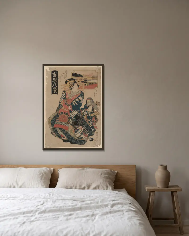 Ōmonguchi no rakugan, ōgiya uchi tsukasa av Toyokuni Utagawa inramad på en vägg