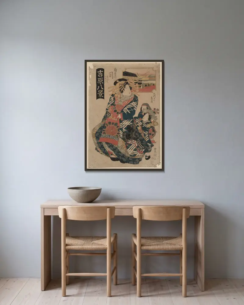 Ōmonguchi no rakugan, ōgiya uchi tsukasa av Toyokuni Utagawa inramad på en vägg