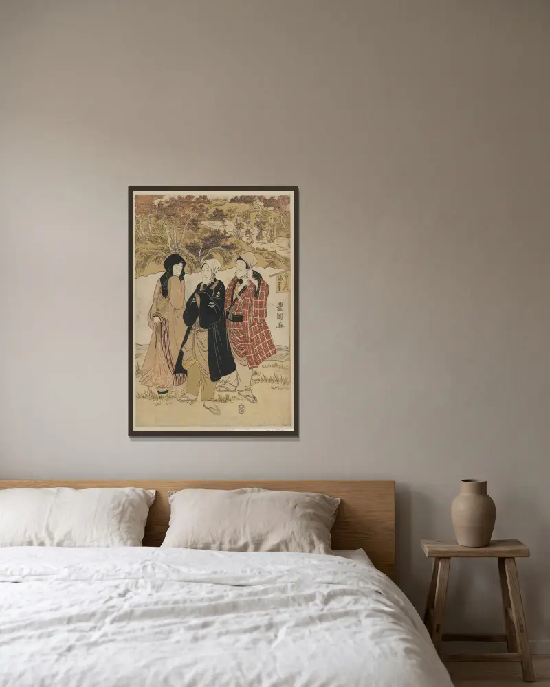 San yakusha kaian-ji no momijigari av Toyokuni Utagawa inramad på en vägg