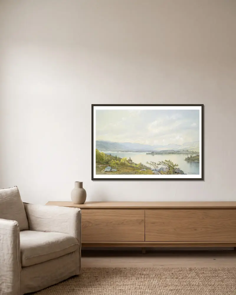 Lake Squam och Sandwichbergen av William Trost Richards inramad på en vägg
