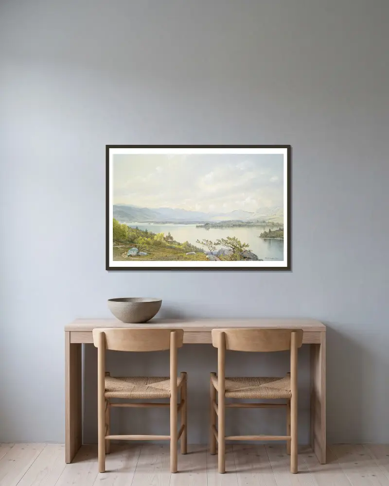 Lake Squam och Sandwichbergen av William Trost Richards inramad på en vägg
