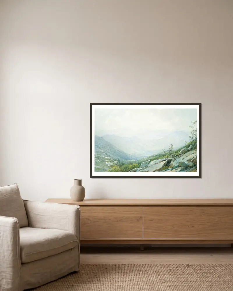 Die Mount-Washington-Bergkette, vom Mount Kearsarge aus gesehen von William Trost Richards gerahmt an einer Wand