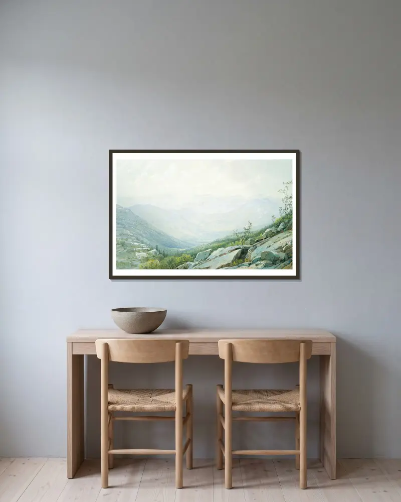 Die Mount-Washington-Bergkette, vom Mount Kearsarge aus gesehen von William Trost Richards gerahmt an einer Wand