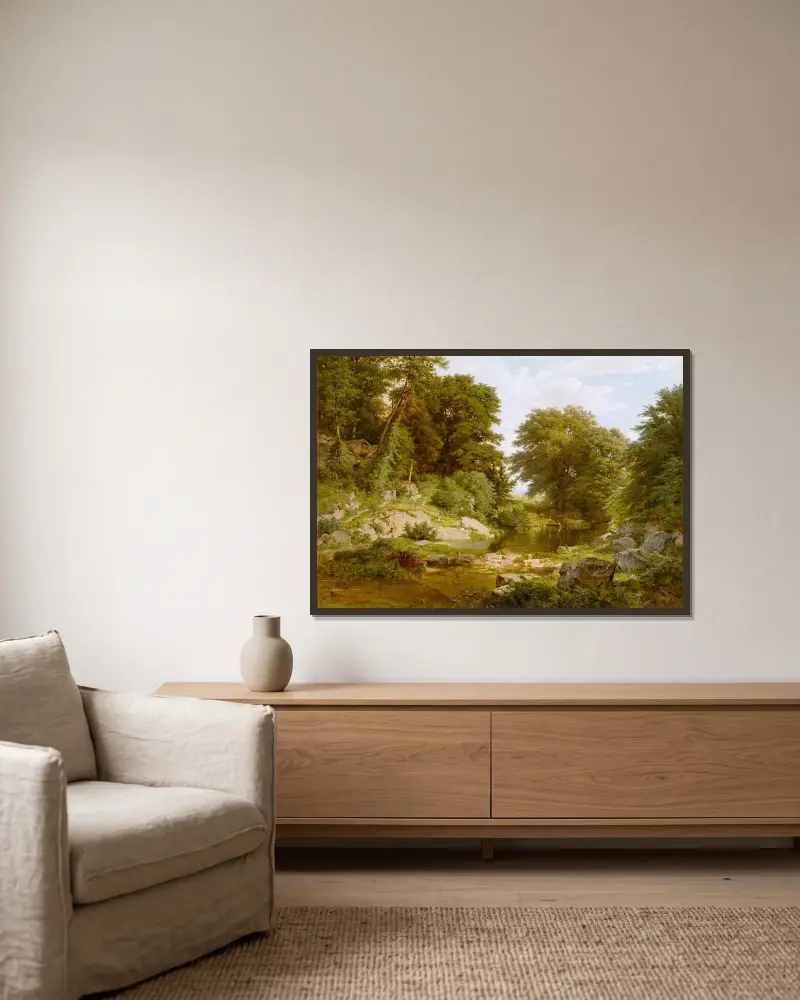 Woodland Brook av William Trost Richards inramad på en vägg