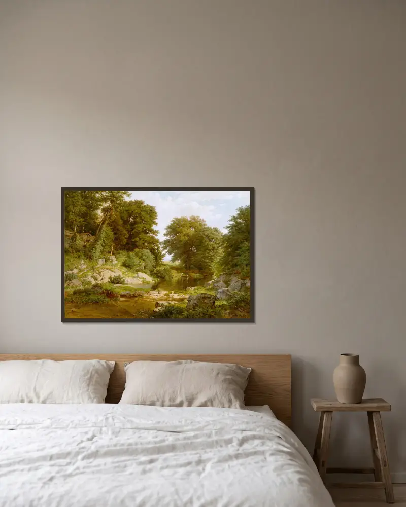 Woodland Brook av William Trost Richards inramad på en vägg