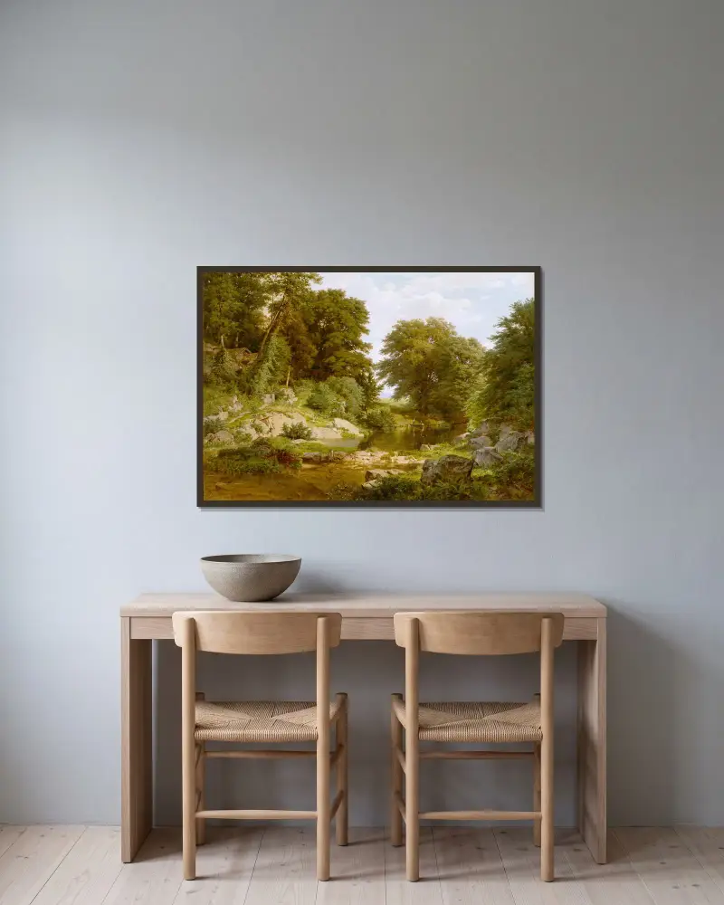 Woodland Brook av William Trost Richards inramad på en vägg