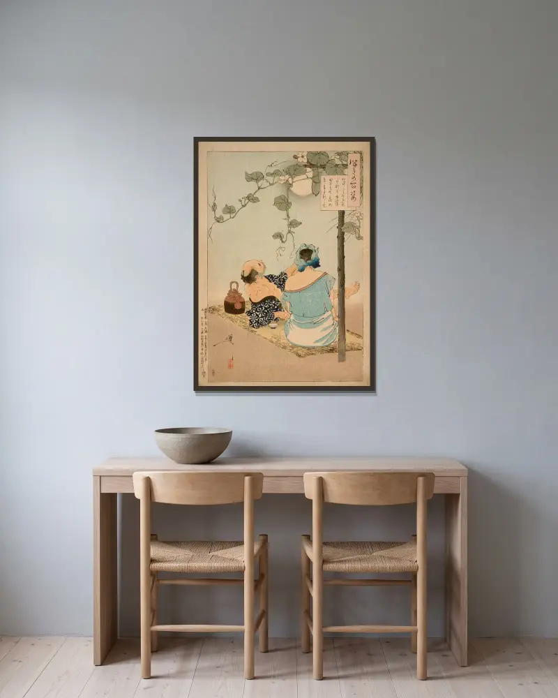 Ett par njuter av den blommande aftonvindearboren av Tsukioka Yoshitoshi inramad på en vägg