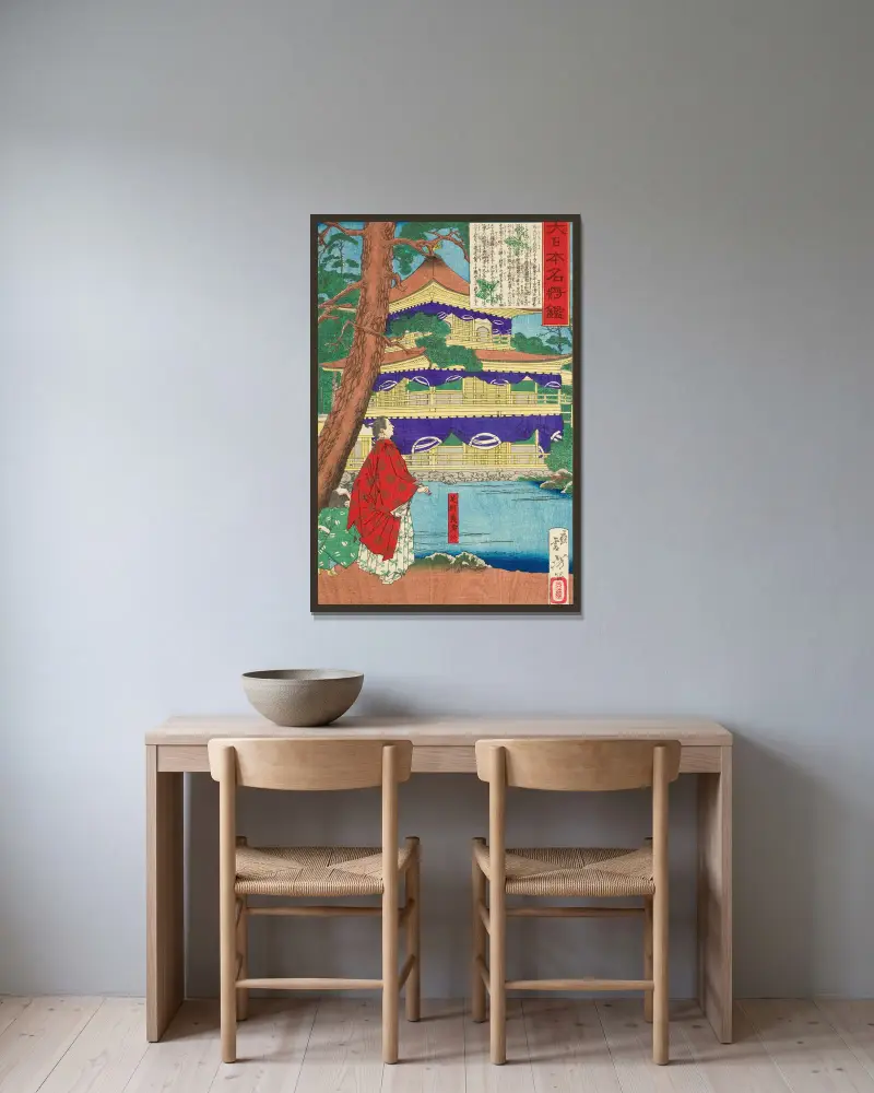 Ashikaga Yoshimitsu bewundert den Goldenen Pavillon von Tsukioka Yoshitoshi gerahmt an einer Wand