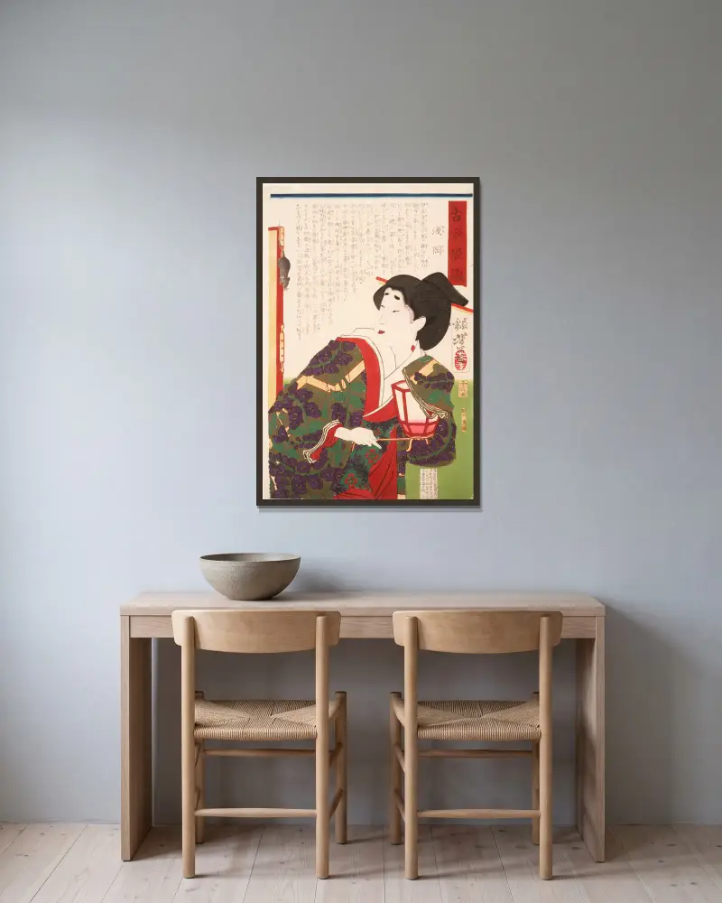 Hofdame Asaoka, eine Maus auf einem Wandschirm beobachtend von Tsukioka Yoshitoshi gerahmt an einer Wand