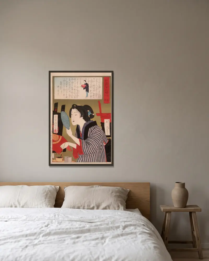 Geisha, die sich um 13 Uhr die Zähne schwärzt von Tsukioka Yoshitoshi gerahmt an einer Wand