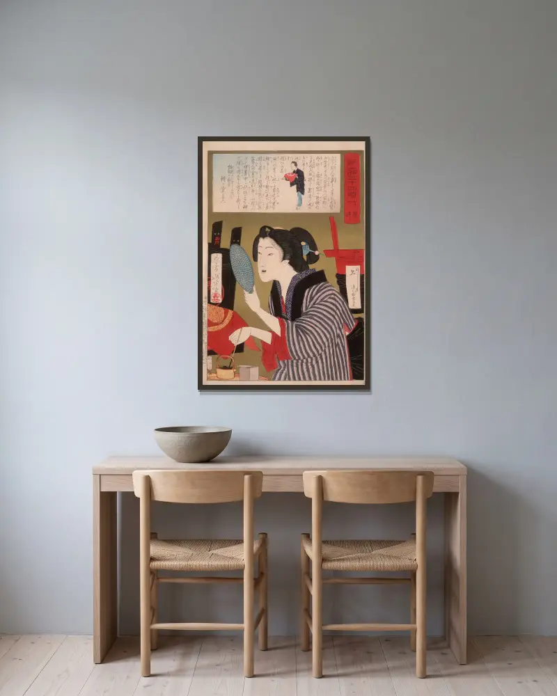 Geisha, die sich um 13 Uhr die Zähne schwärzt von Tsukioka Yoshitoshi gerahmt an einer Wand