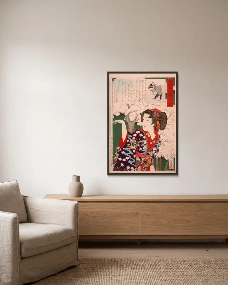 Geisha vid körsbärsträd klockan 15:00 av Tsukioka Yoshitoshi inramad på en vägg