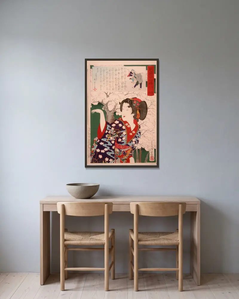 Geisha vid körsbärsträd klockan 15:00 av Tsukioka Yoshitoshi inramad på en vägg