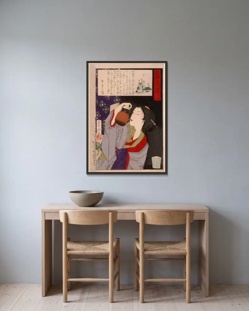 Geisha Drinking from Sake Kettle at 2;00 a.m. av Tsukioka Yoshitoshi inramad på en vägg
