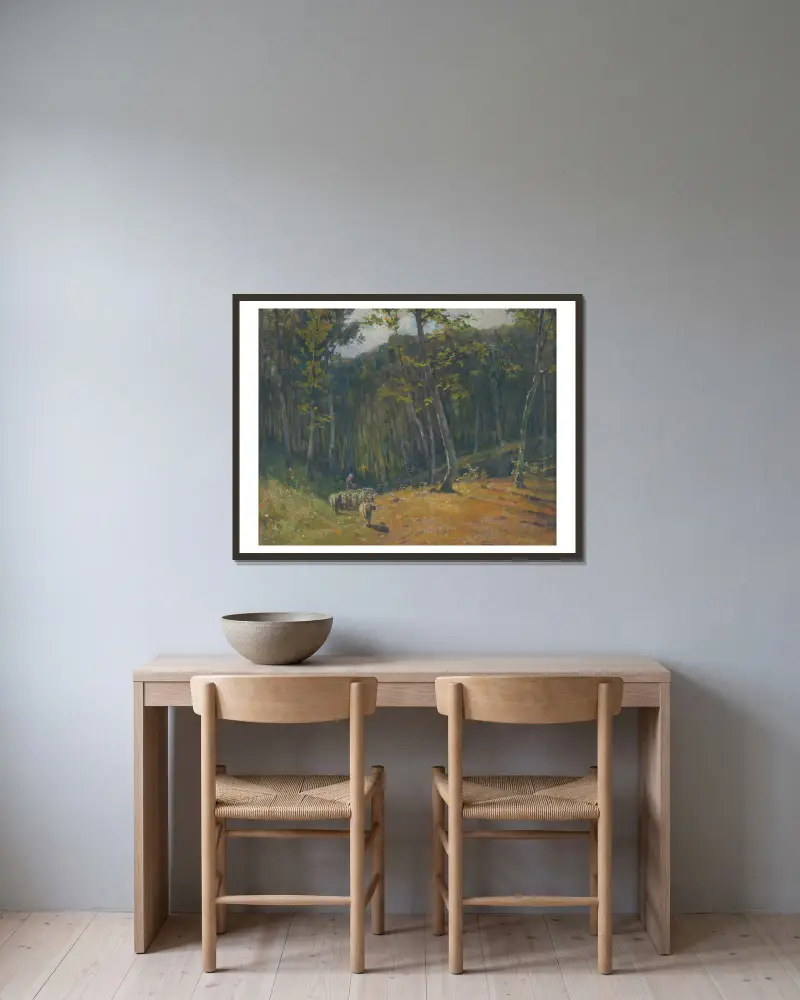 Wald mit Schafen von Ľudovít Čordák gerahmt an einer Wand