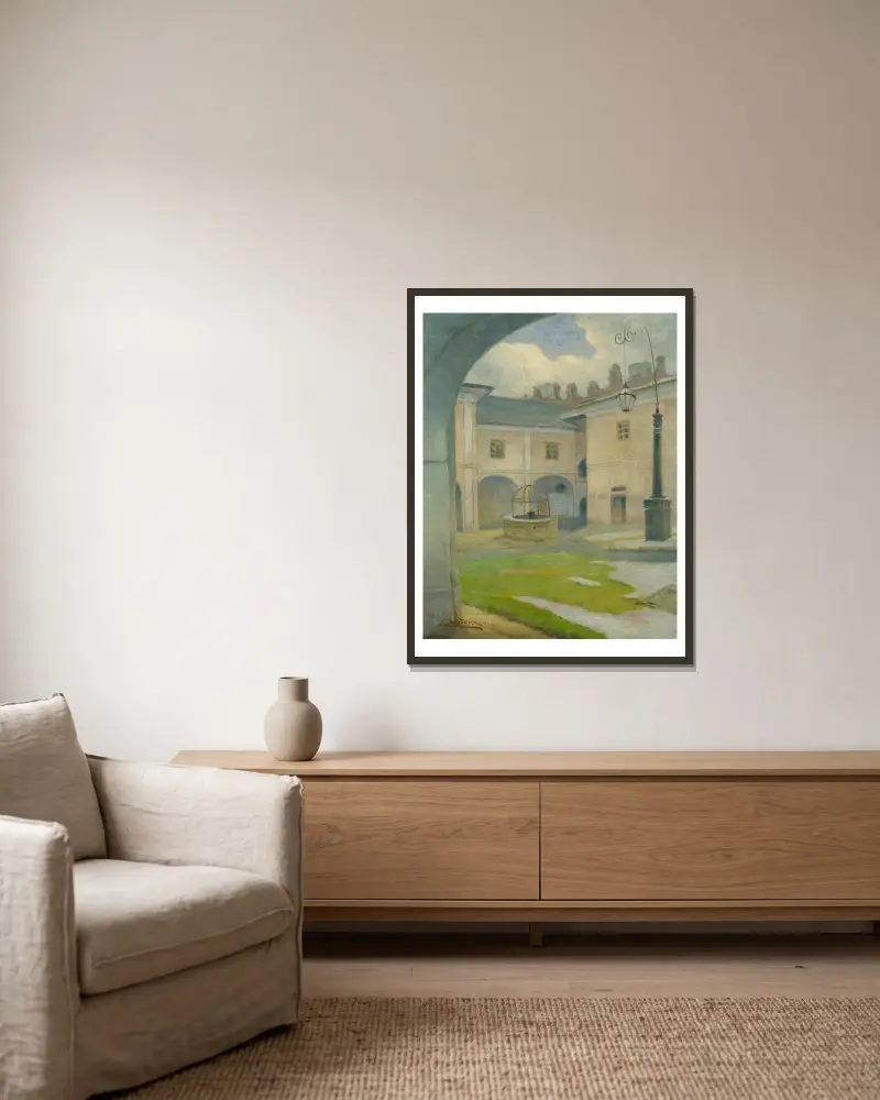 Der Hof des Renaissance-Herrenhauses in Strážky von Ľudovít Čordák gerahmt an einer Wand