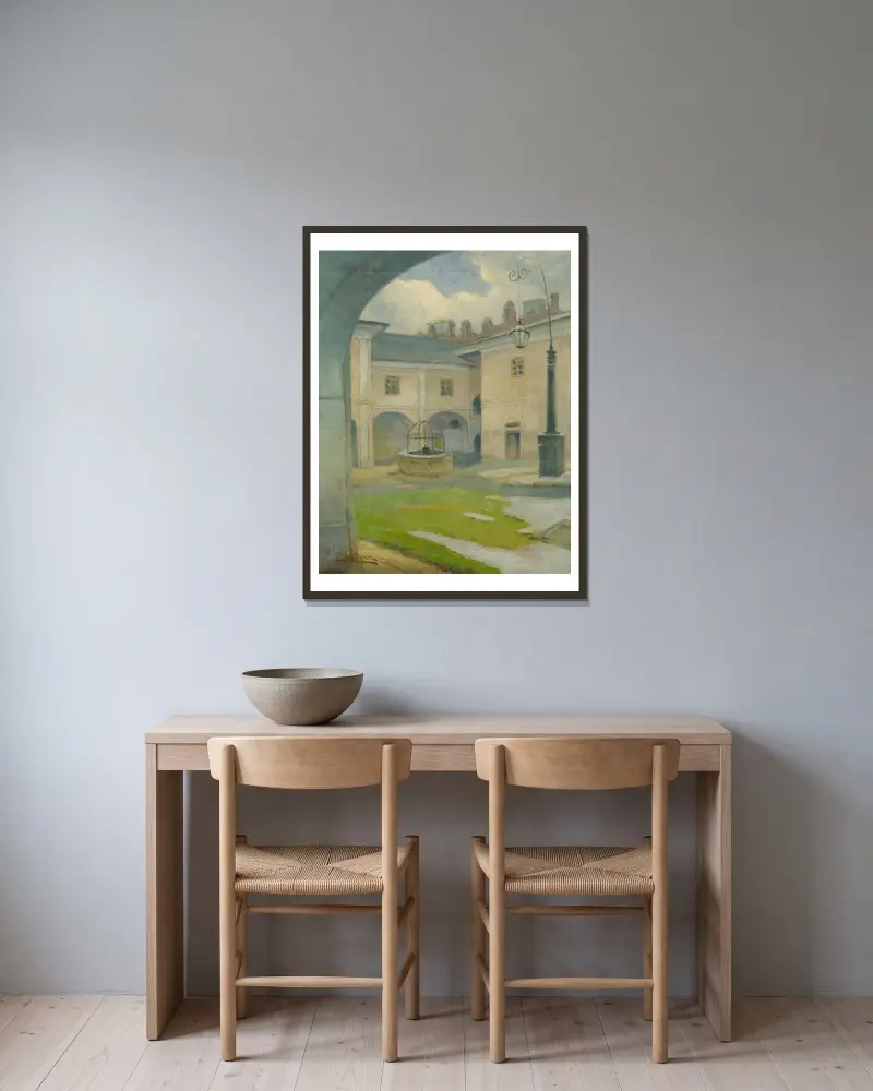 Der Hof des Renaissance-Herrenhauses in Strážky von Ľudovít Čordák gerahmt an einer Wand
