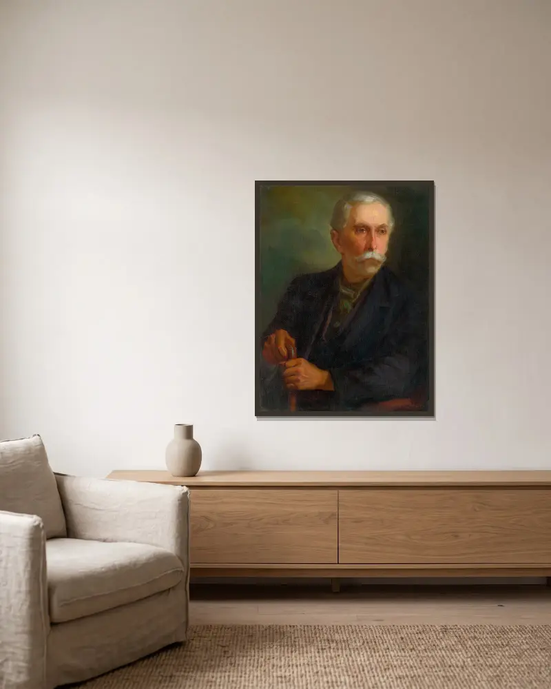 Porträt eines Weinbergarbeiters von Ľudovít Pitthordt gerahmt an einer Wand