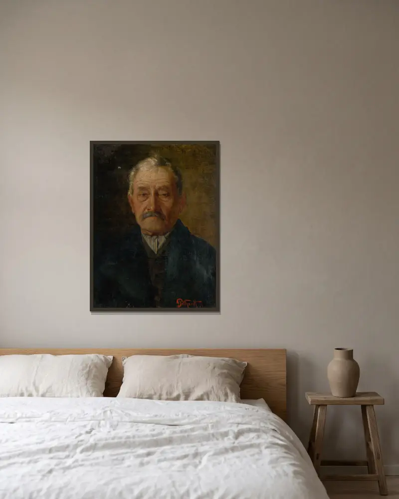 Porträtt av en gammal man av Ľudovít Pitthordt inramad på en vägg