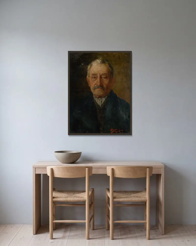 Porträtt av en gammal man av Ľudovít Pitthordt inramad på en vägg