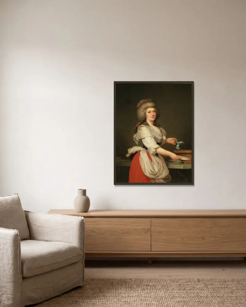 Madame A. Aughié, väninna till drottning Marie Antoinette, som mejerska i det kungliga mejeriet på Trianon av Adolf Ulrik Wertmüller inramad på en vägg